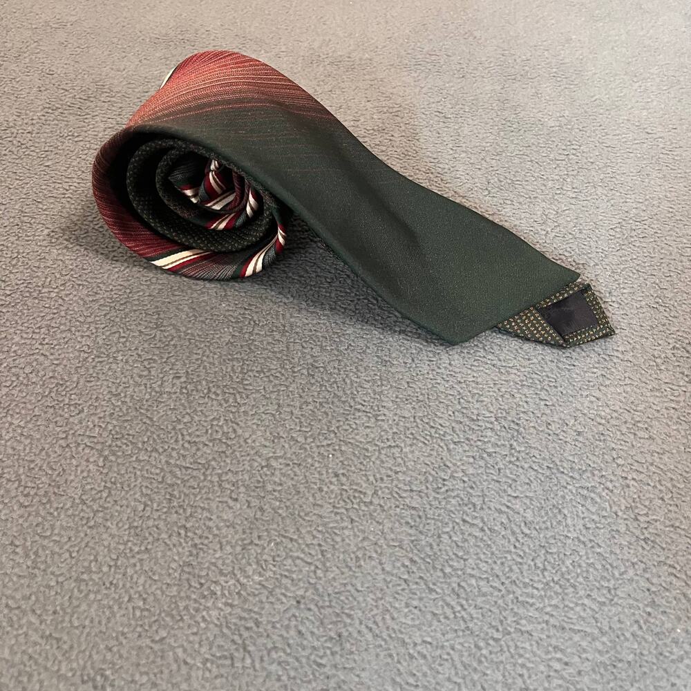 Vintage Cartier Tie Mens Green Red Striped Polyester Retro Tie Preppy Grandpa